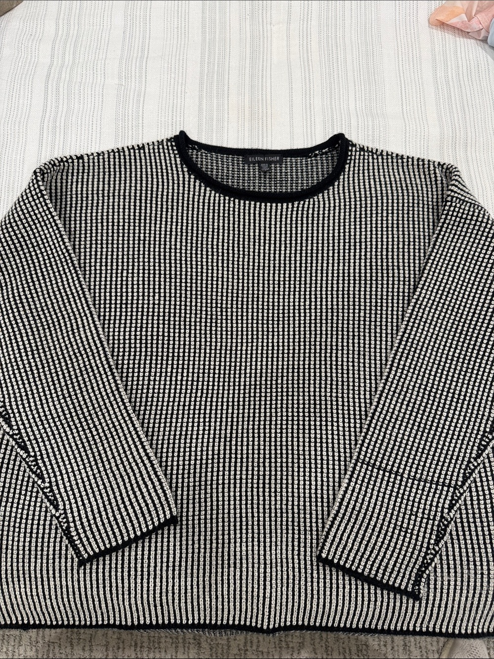 Eileen Fisher Black and White Textured Ribbed Crewneck Sweater